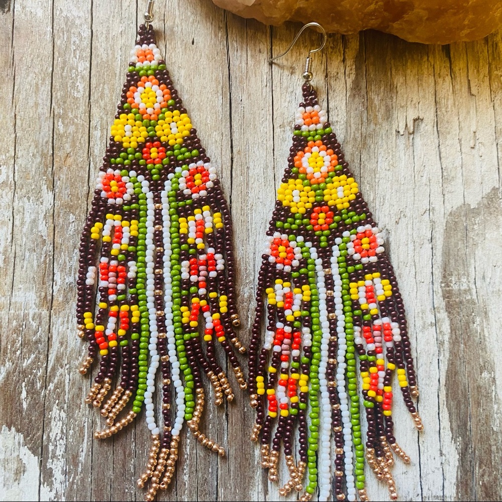 Free People Multicolor Seed Bead Floral Fringe Earrings